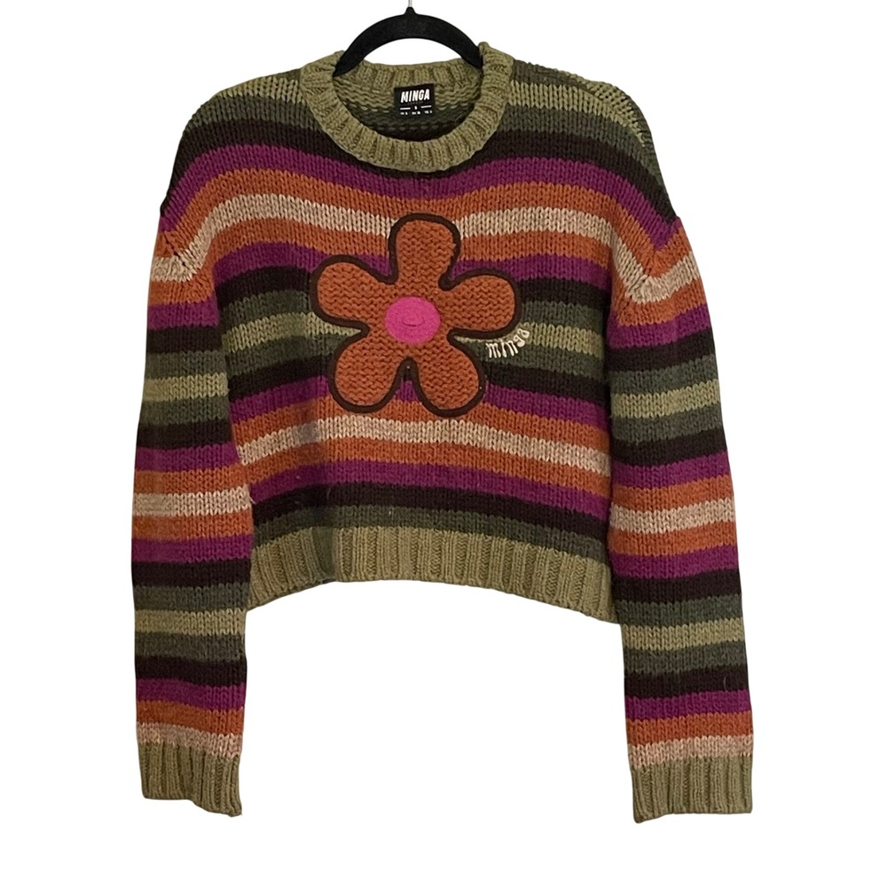 Minga London Striped Cropped Sweater Flower Applique Chunky Knit Multicolor S